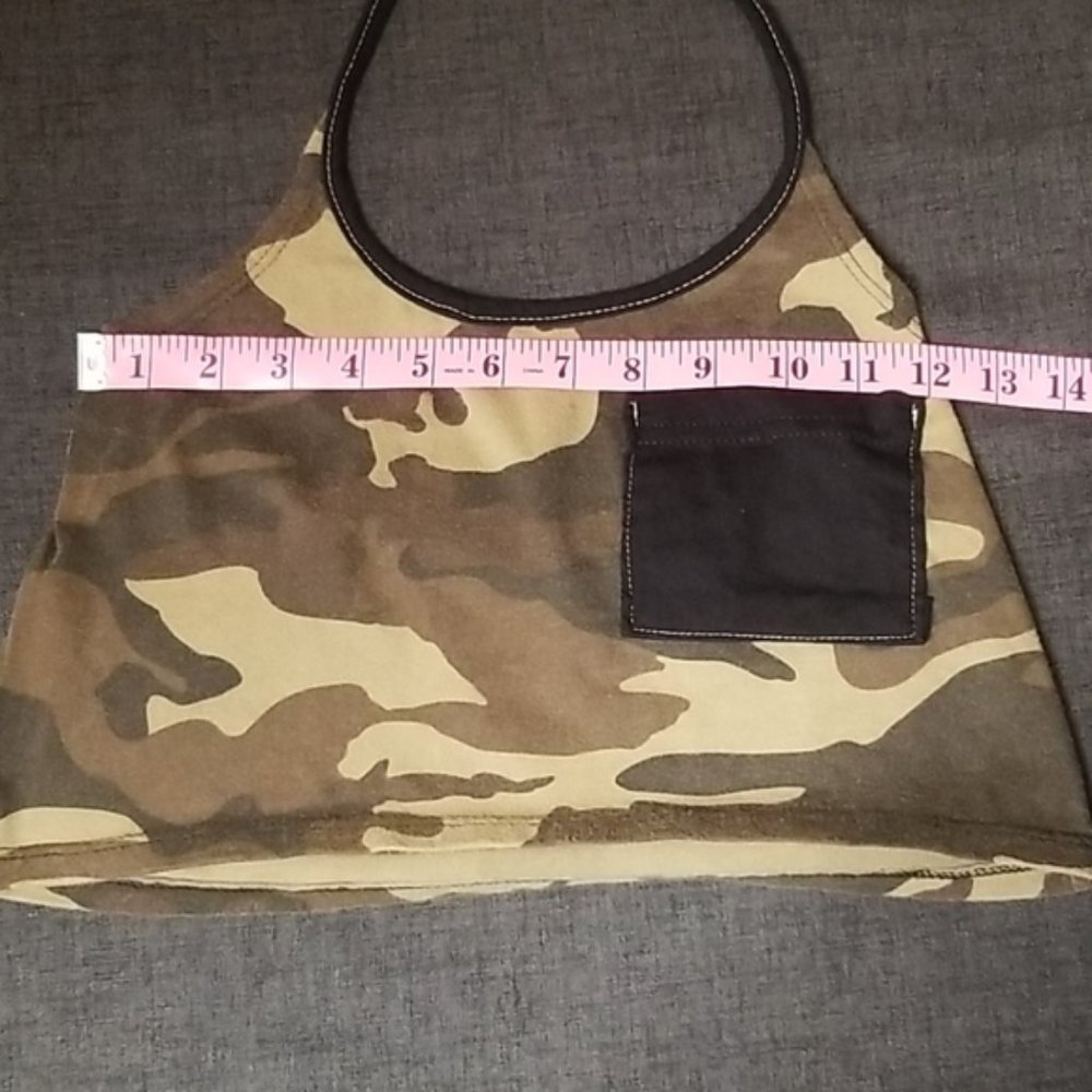 Camo Tshirt Halter Crop Top W Black Pocket SzS - Picture 2 of 3